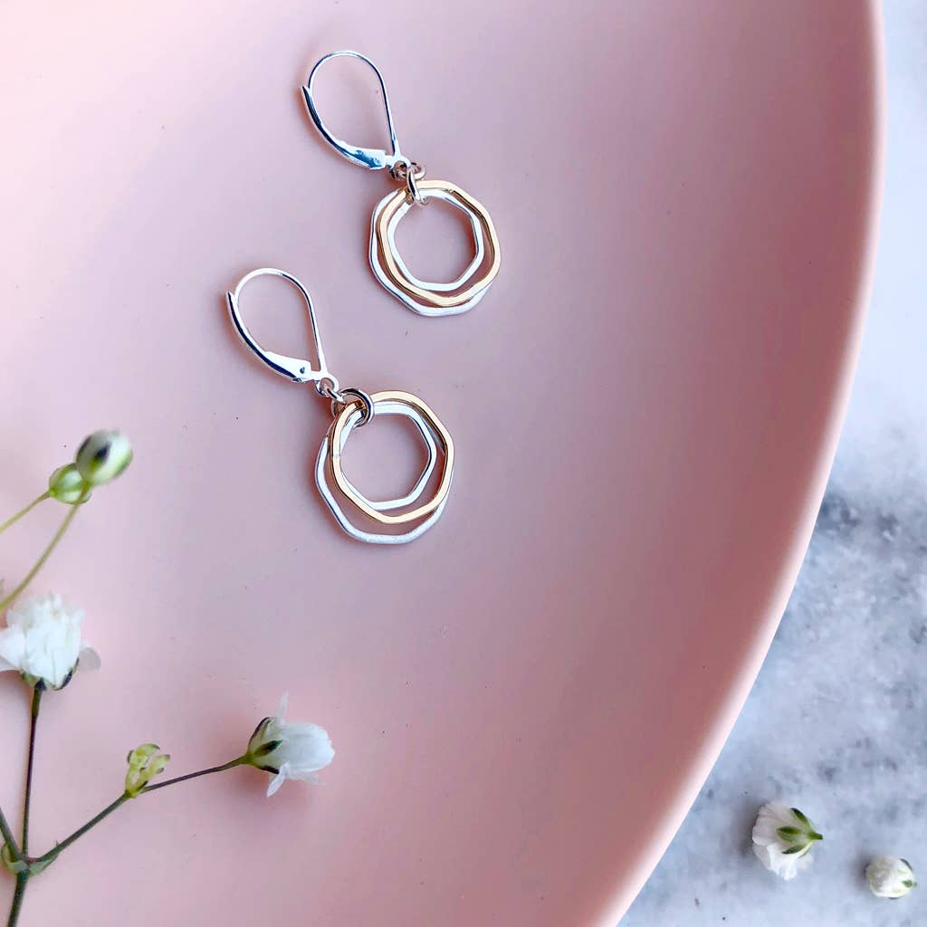 River Rocks Earrings Two Tone Gold Silver Circle Dangle - Jewelry