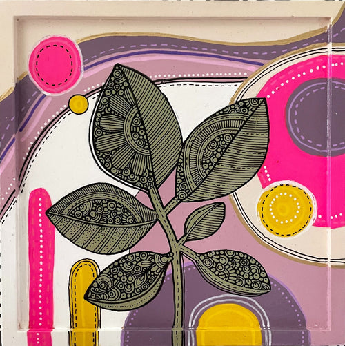 Floral  3 - Pen and Ink Art: Original Acrylic Painting, 6x6 Wall Decor