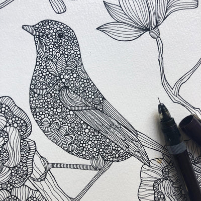 Original Bird Pen and Ink Drawing: Doodle Art on Watercolor Paper