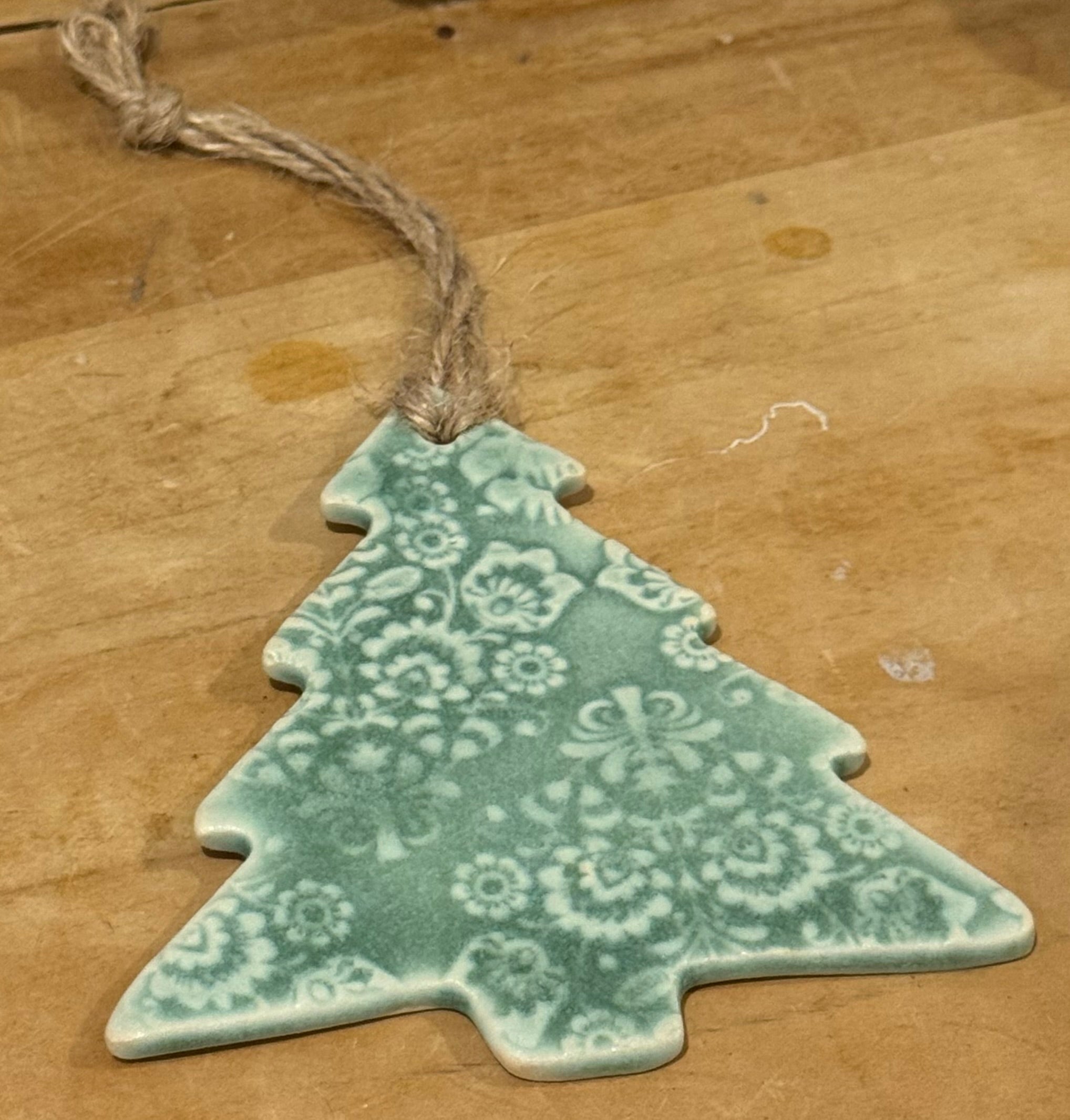 Christmas Tree Ceramic Ornament - Soft Green Glaze With Floral Pattern - Home Goods