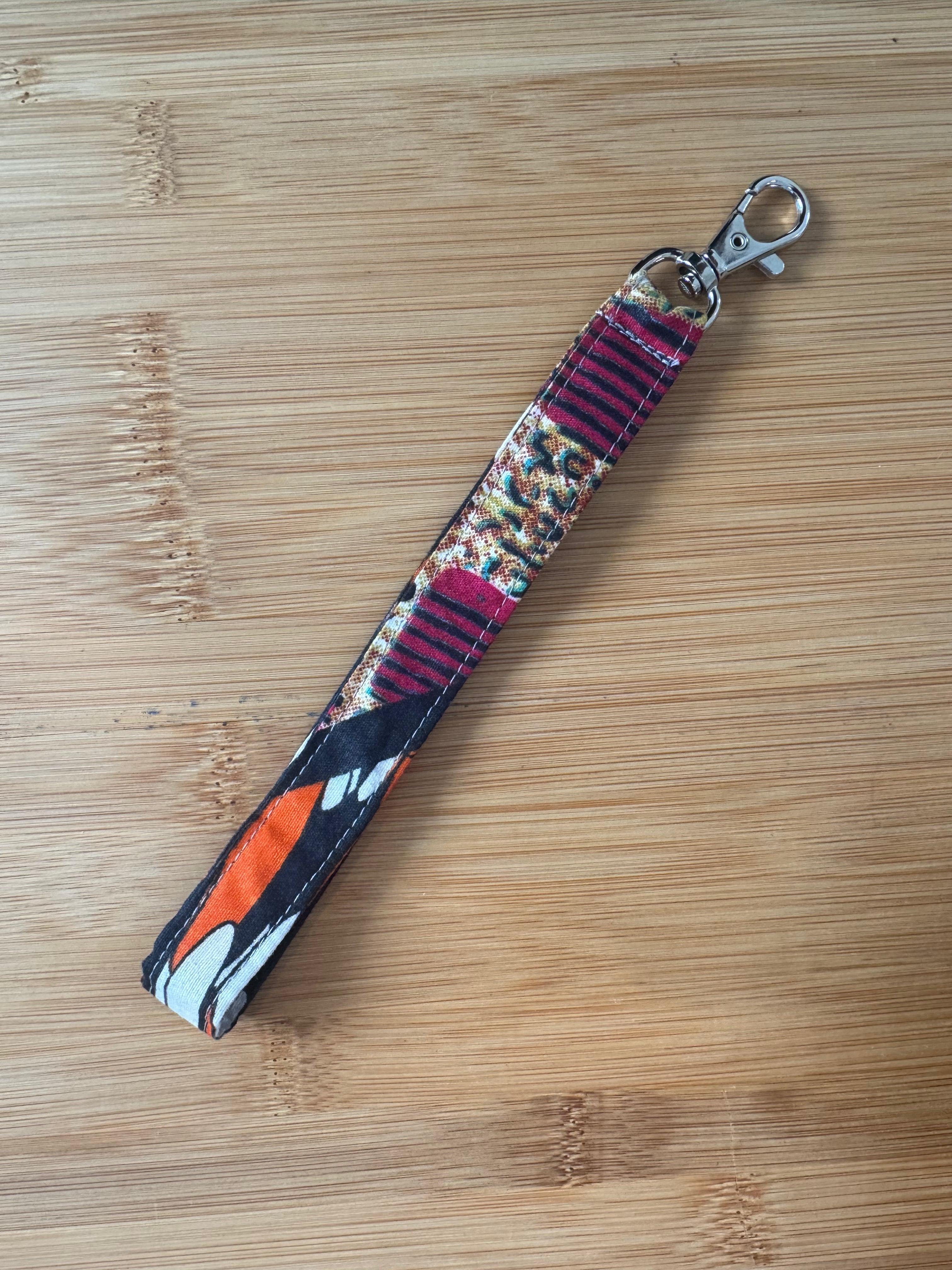 6’ Fabric Wrist Straps by Sally Hodges - Black, rust orange, and burgundy abstract print - Wrist Keychains