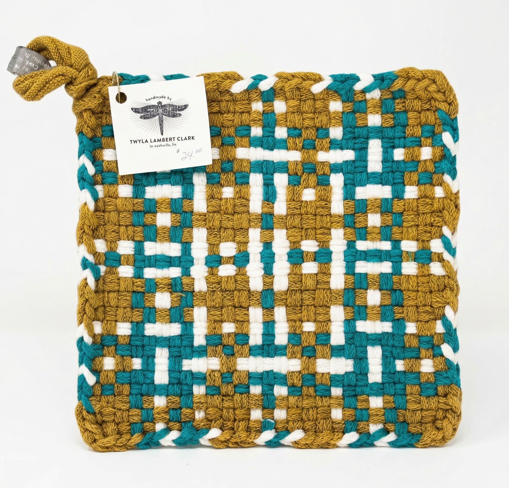 8" x 8" Handmade Pot Holder: Teal/Ochre/Cream