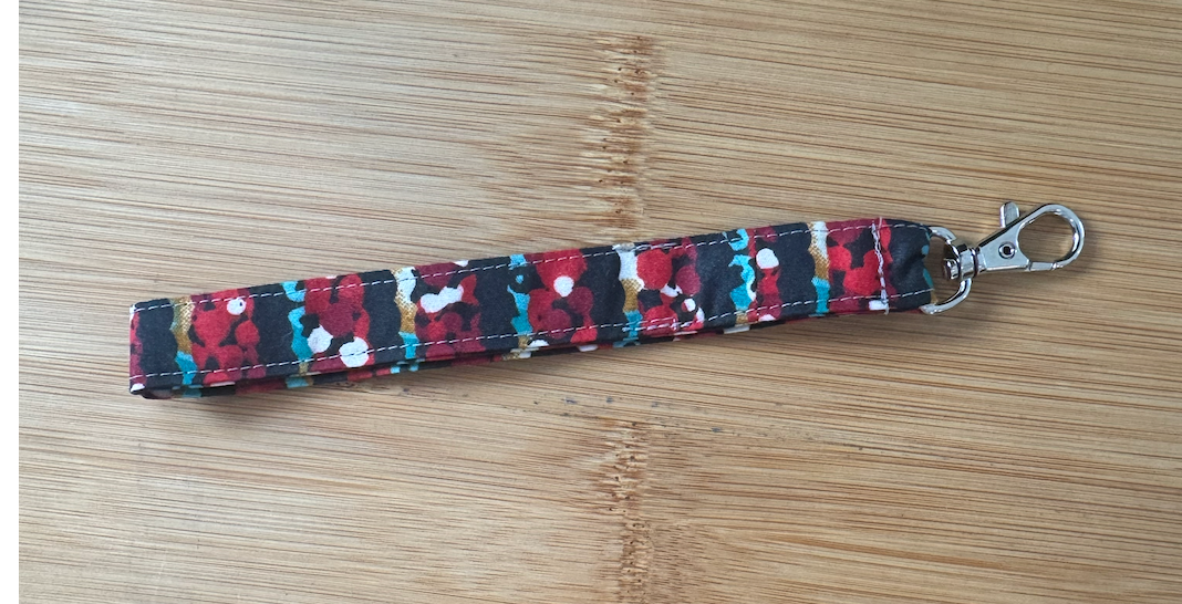 6’ Fabric Wrist Straps by Sally Hodges - Black, red & teal floral/abstract print - Wrist Keychains