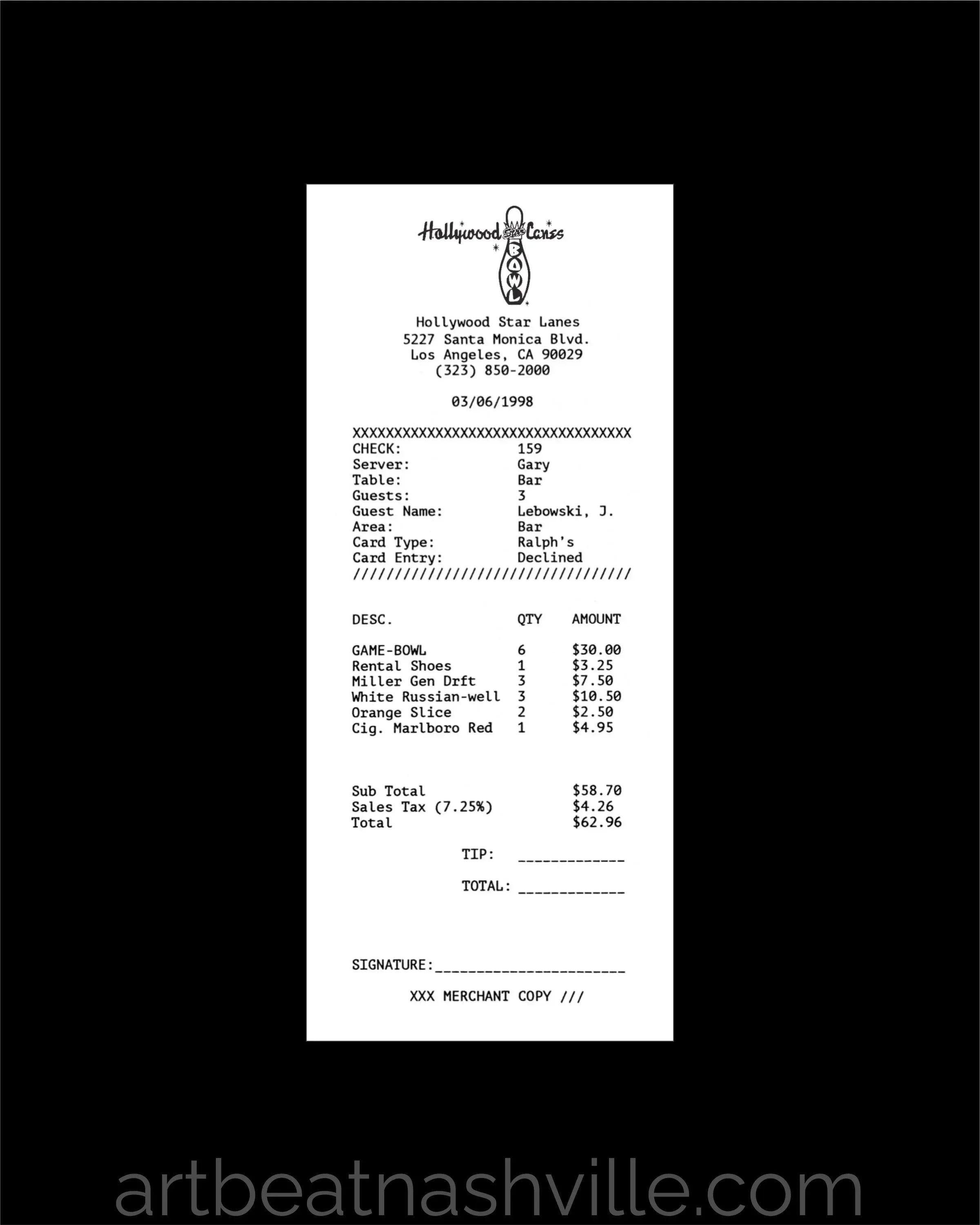 The Big Lebowski: Dude Walter & Donnie’s Bar Tab (Receipt Series)