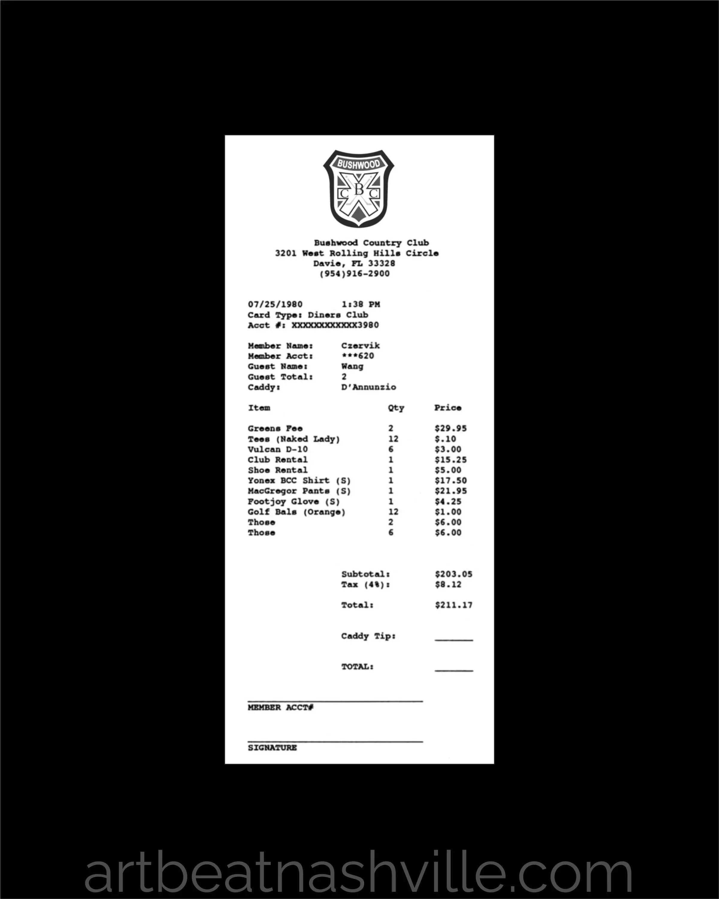Caddyshack: Rodney Dangerfield’s (Al Czervik) Pro Shop Tab (Receipt Series)