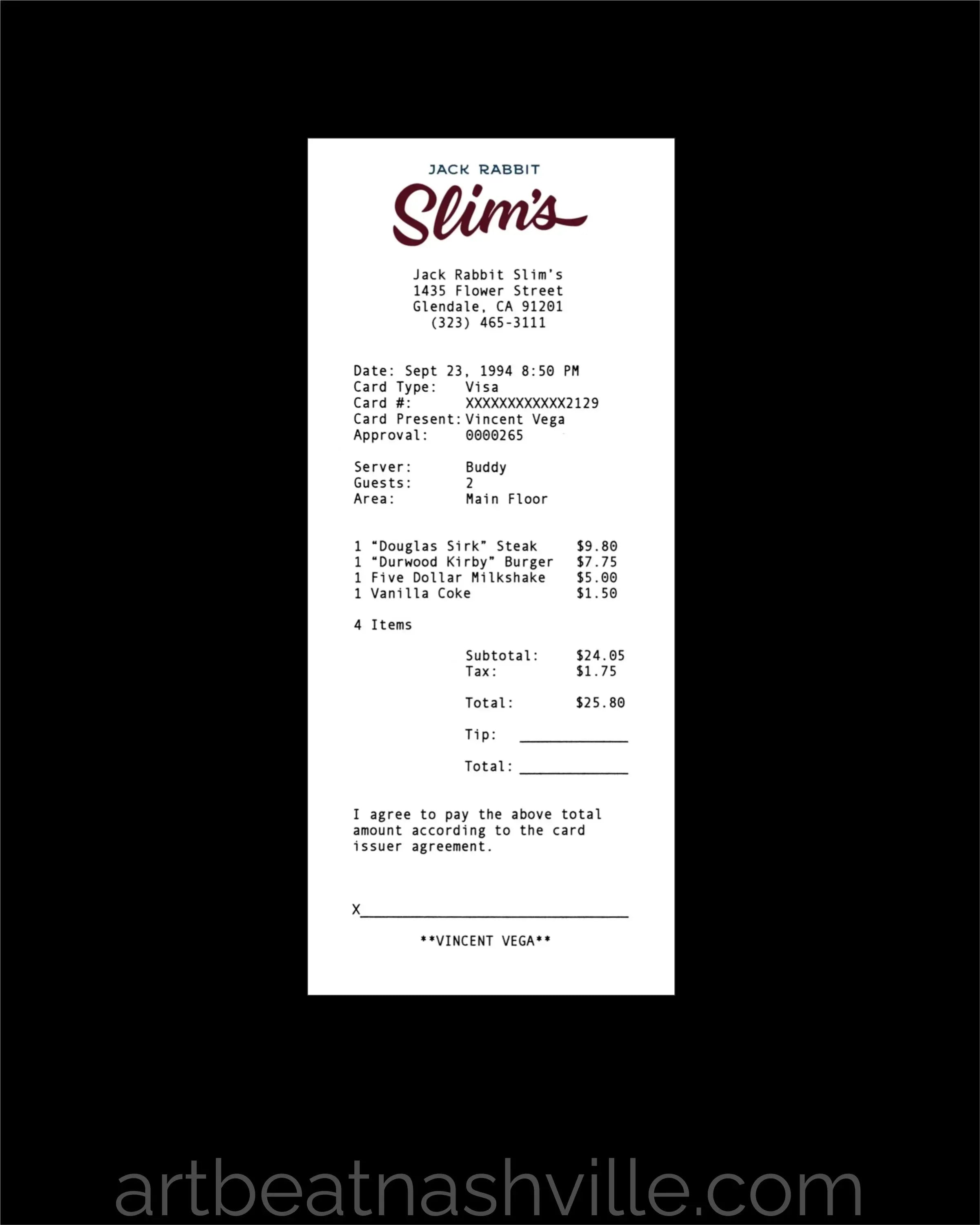 Pulp Fiction: Vince & Mia’s Diner Tab w/ $5 Milkshake (Receipt Series)
