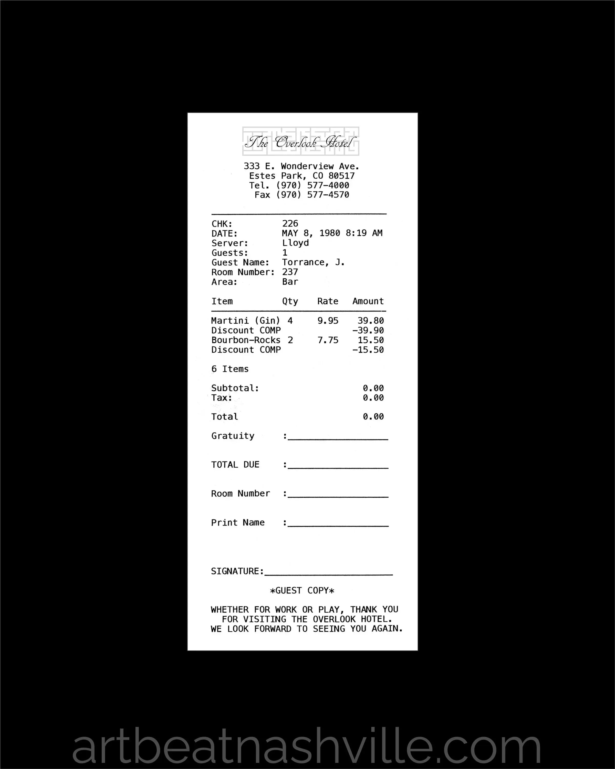 The Shining: Jack Torrance’s Bar Tab (Receipt Series)